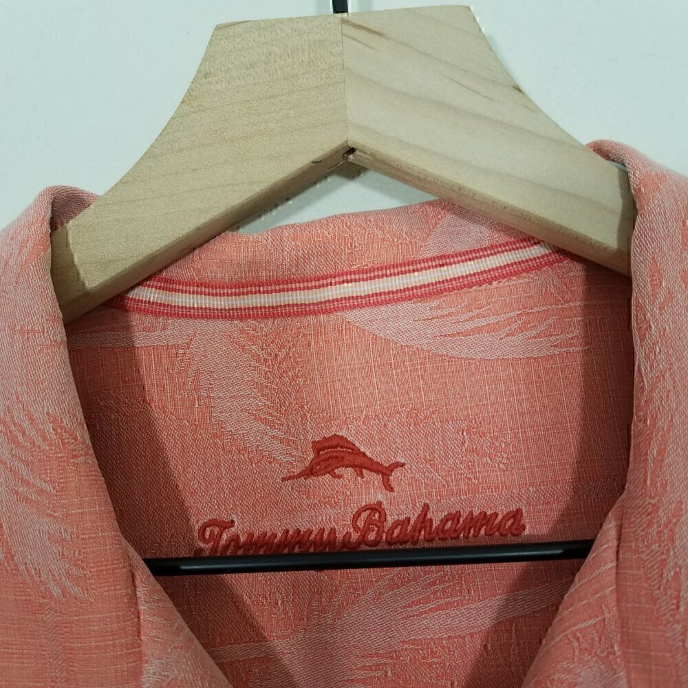 Tommy Bahama Silk Button Down Shirt Short Sleeve Orange Palm Print Size M - Picture 2 of 4